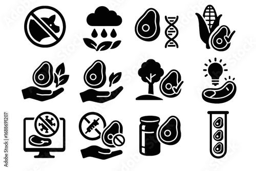 Vector meat proteins antibiotics farming bioengineered efficiency environment shelf control icon reduced