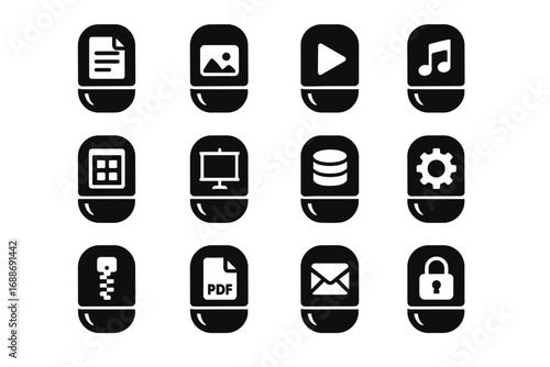 Vector encrypted software emails icons memory images files videos pdfs capsule spreadsheets