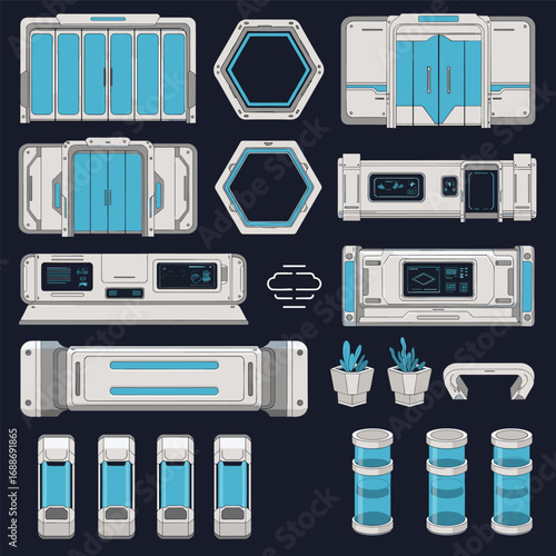 Sci fi futuristic technology interface panel building blocks asset pack for game design
