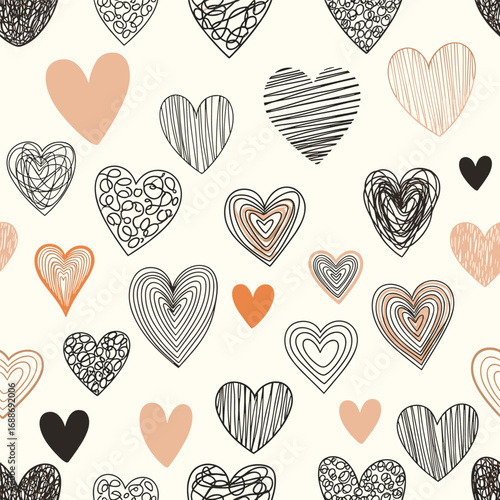 A charming collection of diverse hand drawn hearts artfully arranged creating a delightful pattern design