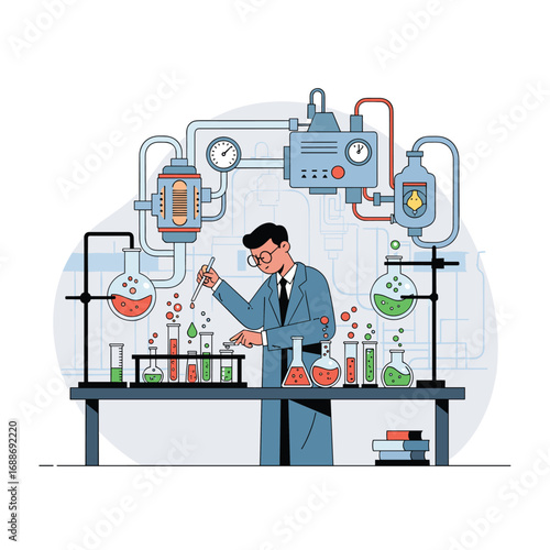 Scientist conducting research experiments in a laboratory with various equipment and beakers filled with liquids
