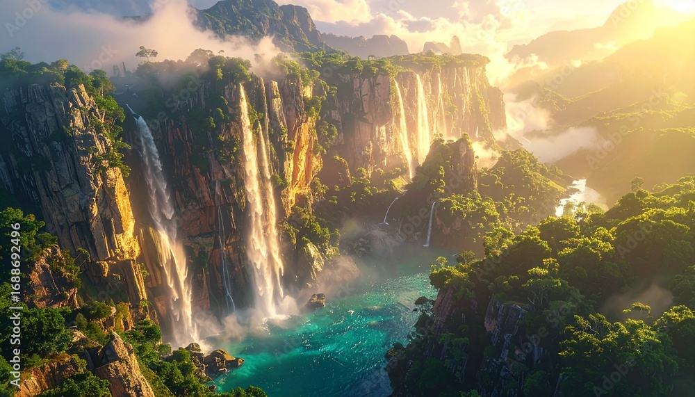 Fototapeta premium Towering glowing cliffs with waterfalls cascading into crystal-clear pools, bathed in radiant mist that transforms the scene into a magical fantasy landscape.
