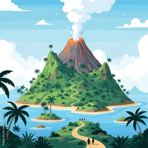 Tropical island paradise with a smoking volcano and lush greenery