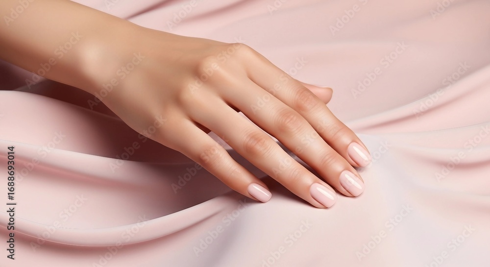 Fototapeta premium Woman's hand with natural nude manicure touching soft pink satin fabric, showing delicate skin and smooth texture