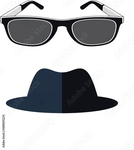 Vector illustration of a classic fedora hat and dark sunglasses, an iconic symbol for a secret agent, detective, or incognito identity