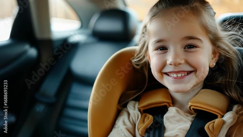 A joyful young girl sits in a car seat, radiating happiness as she enjoys a family road trip. The moment captures the essence of childhood and adventure.