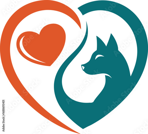Playful pet care logo with abstract cat and dog Vector illustration