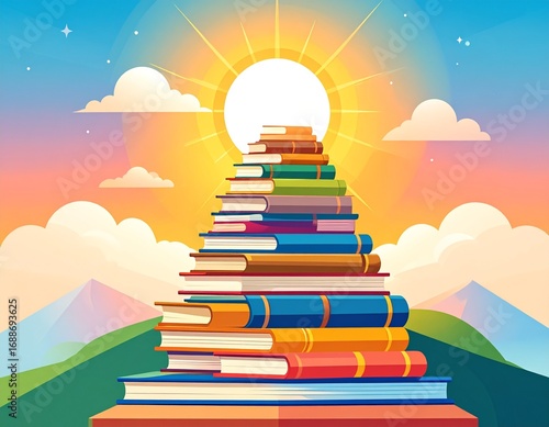 The Stairway to Knowledge An Illustrated Stack of Books Reaching Towards the Sun, Symbolizing Education and Learning