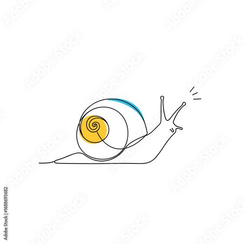 Delicate one line drawing of a snail with abstract swirls and minimalist design