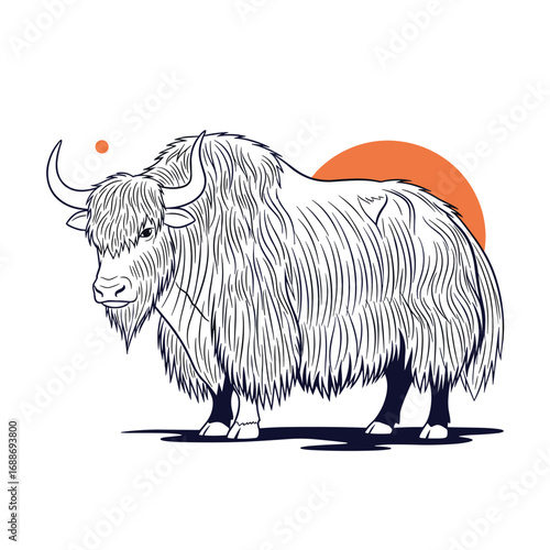 Majestic highland yak with a thick shaggy coat standing proudly under an orange sun