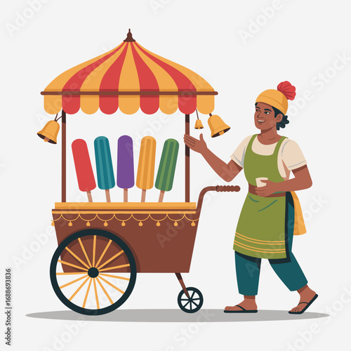 Indian Street Vendor Selling Kulfi from Cart Illustration