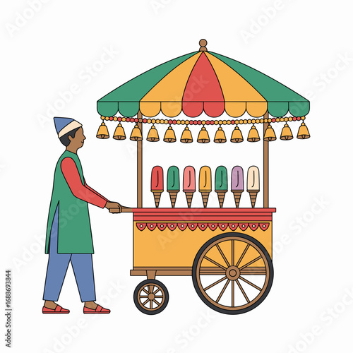 Indian Street Vendor Selling Kulfi from Cart Illustration