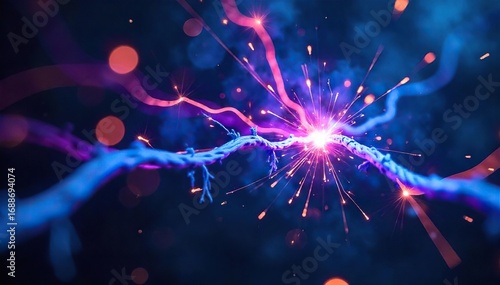Close-up of sparking electrical wires, vibrant blue and purple hues, chaotic energy, intense light The raw power of electricity visualized in an abstract, artistic way , futuristic, artwork