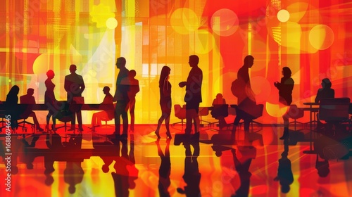 Vector illustration of Silhouettes of employees working together in meeting room, with an abstract colorful background.