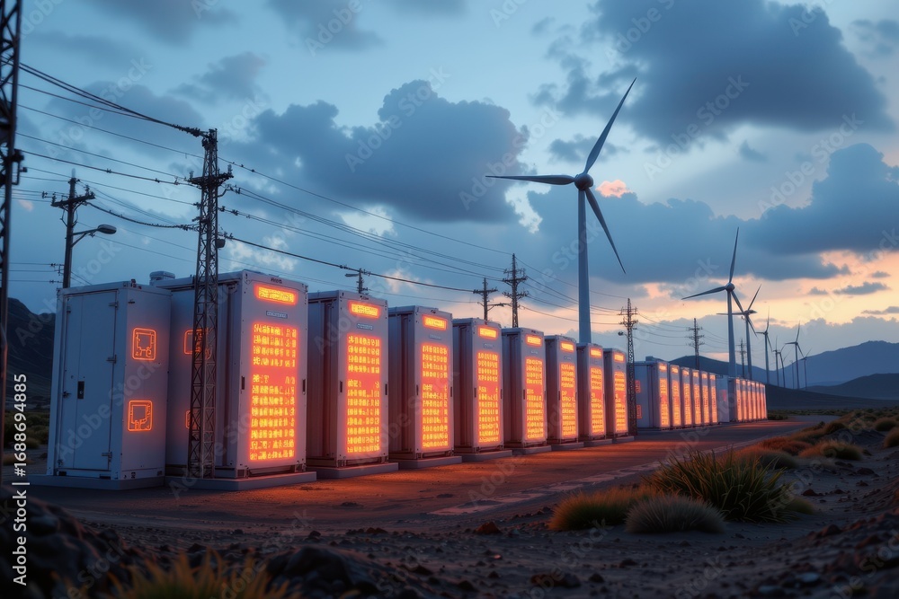 Obraz premium renewable energy storage facility capturing excess power, futuristic glowing batteries aligned with turbines