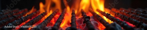 Close-up of vibrant flames licking a grill grate, intense heat radiating, perfect for culinary and barbecue themes The glowing embers cast a warm orange and red light , hot, vegetables, power