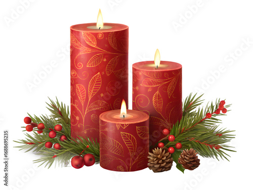 Three lit red christmas candles with pine branches and berries