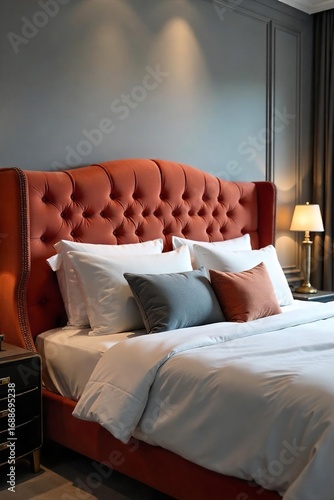 Luxurious upholstered headboard in a modern bedroom, featuring plush velvet and subtle tufted detailing  Perfect for interior design inspiration ,  sophisticated headboard,  style