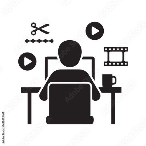 Video editor black glyph icon. Content creator at work on a laptop, post-production and motion graphics concept. Vlogger or freelancer editing footage.
