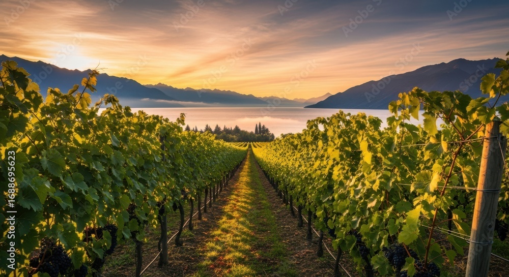 Naklejka premium Golden Sunset Over a Serene Vineyard Landscape