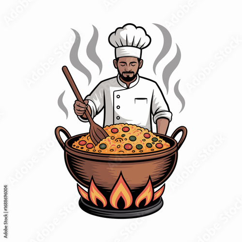 Indian Street Chef Cooking Biryani in Large Pot Illustration