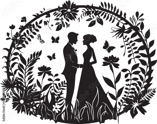 Silhouette of bride and groom, woman, silhouette, illustration, vector, beauty, flower, design, art, floral, fashion, lady, black, people, pattern, love, fairy, body, hair, nature, summer, dress, coup