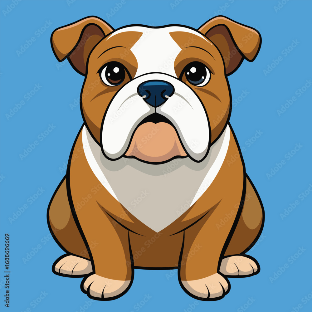 Fototapeta premium Cartoon Bulldog Sitting on Blue Background puppy canine