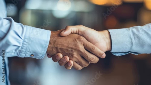 Two business partners engage in a handshake, symbolizing trust and agreement. This image captures the essence of professional collaboration and partnership success.