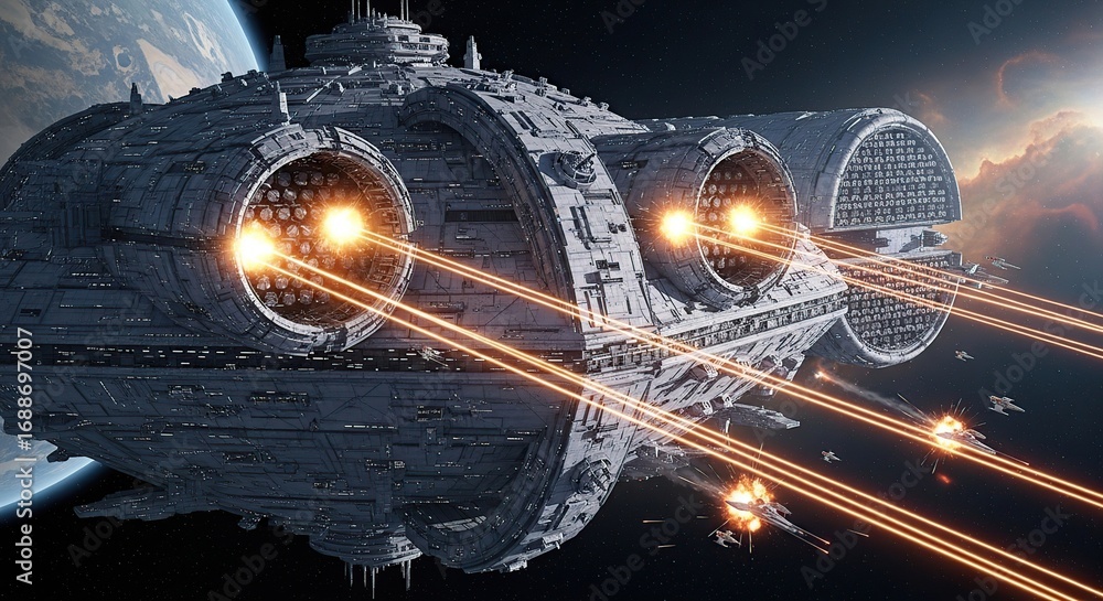 Fototapeta premium Colossal Dreadnought Unleashes a Blazing Laser Barrage in an Epic Orbital War.