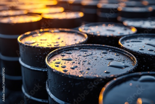 Dark Oil Containers: Industrial Chemical Drums for the Petrochemical Sector with Closeup View