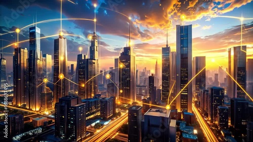 Wallpaper Mural Futuristic Cityscape at Sunrise with Interconnected Skyscrapers Torontodigital.ca