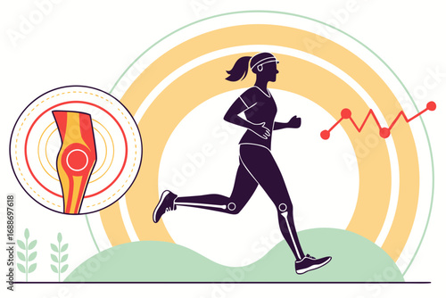 Medical fitness illustration of woman jogging with knee pain injury concept
