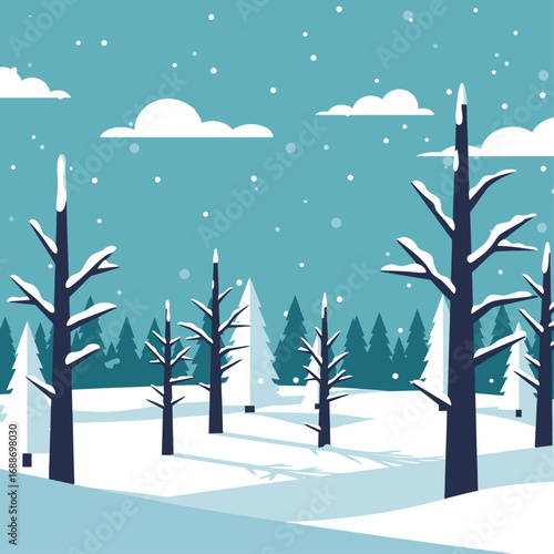 A serene winter forest landscape with snow-covered bare trees and evergreens during a gentle snowfall.