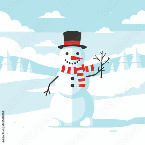 A friendly cartoon snowman wearing a black top hat and red striped scarf, holding a twig in a snowy winter landscape with trees and clouds.