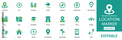 Location editable Icon Set. Includes location symbols, GPS, maps, destinations, and more. Perfect for travel apps, navigation systems, mapping websites, and location based services. Vector icons.