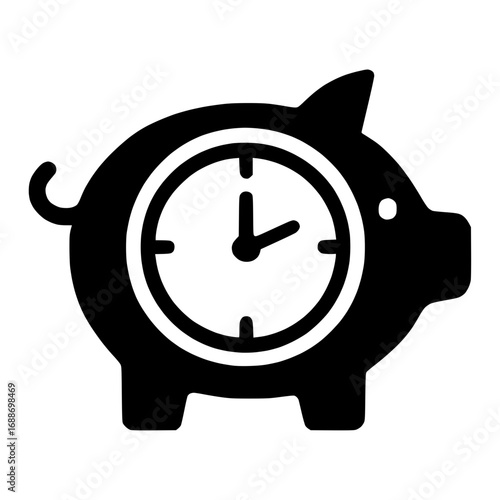 classic piggy bank with clock vector icon, symbolizing time management in savings