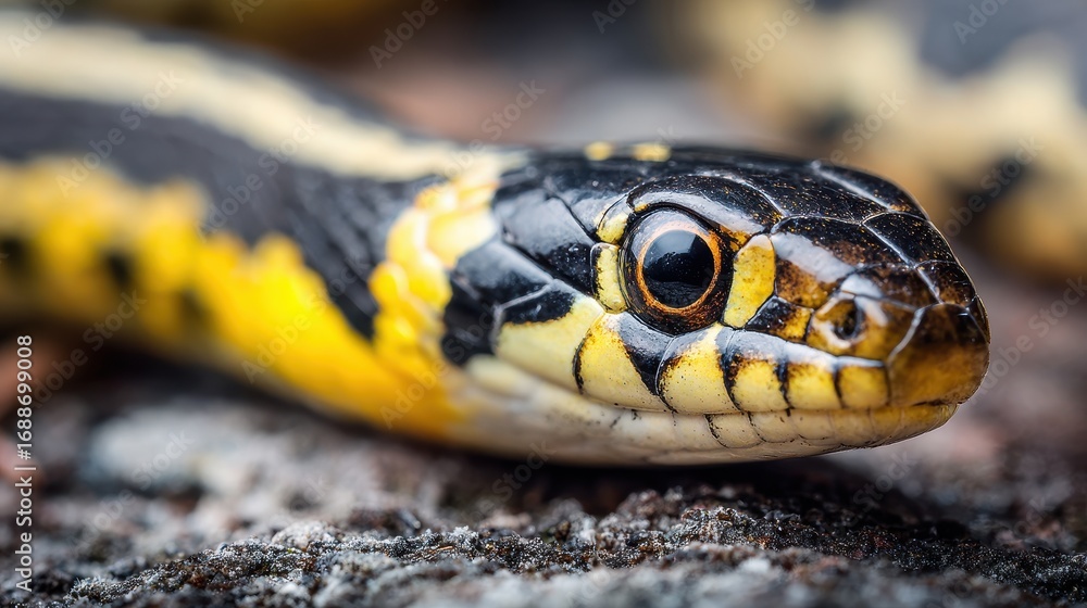 Fototapeta premium Adorable Stripey Serpent: A Close-Up View of a Yellow and Black Bandit from Nature's Wild Realm