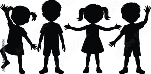 Silhouette of four happy children, kids playing and waving, joyful boys and girls, playful kids, childhood fun, carefree kids, smiling children, friendship, innocence, family time