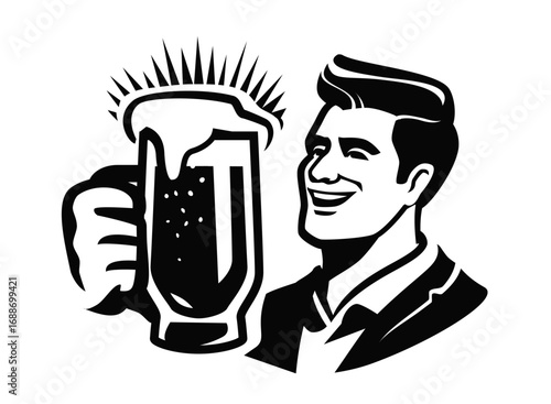 Smiling man with glass of beer. Pub retro vector illustration. Businessman holding mug with alcoholic drink in his hand