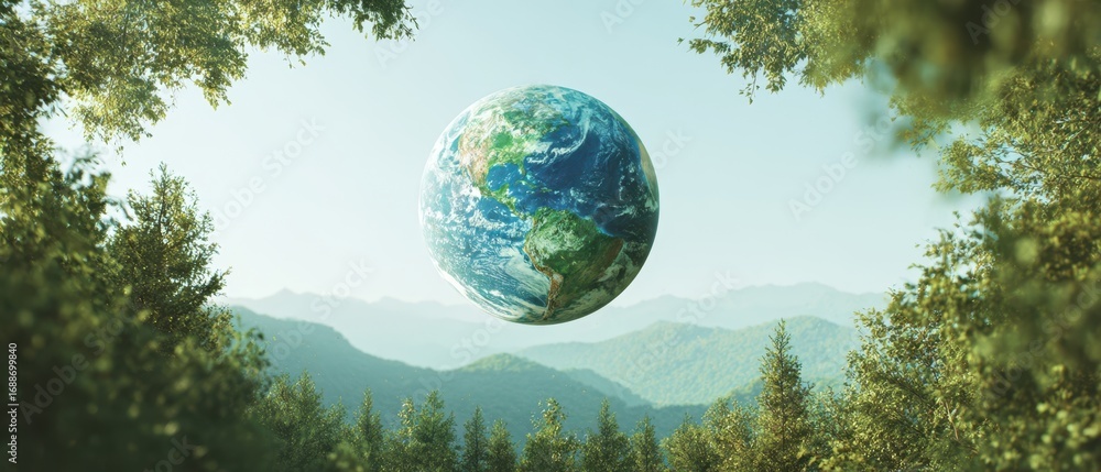 Naklejka premium The Earth Suspended Amidst Lush Forested Mountains Under a Clear Sky
