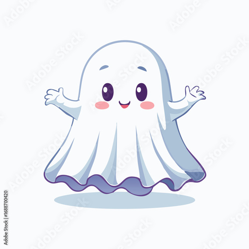 Cute cartoon ghost with big eyes and blush cheeks in kawaii style. Adorable Halloween character illustration with friendly expression, pastel colors, and playful vibe