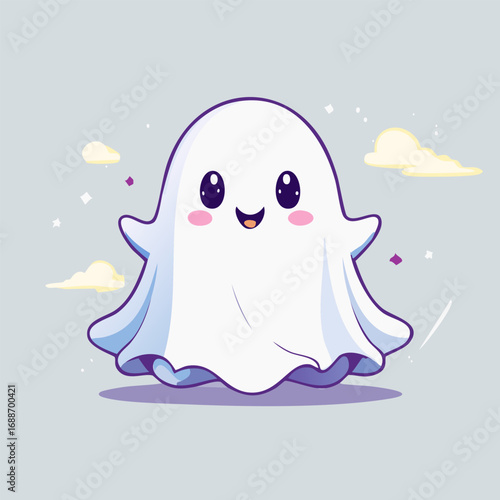 Cute cartoon ghost with big eyes and blush cheeks in kawaii style. Adorable Halloween character illustration with friendly expression, pastel colors, and playful vibe
