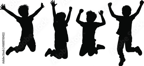 Silhouette of joyful kids jumping, happy children playing outside, energetic boys and girls, childhood fun, outdoor activity, freedom, movement, celebration, excitement, carefree moments
