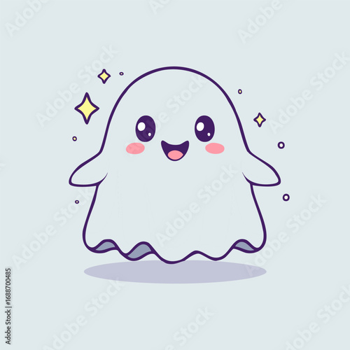 Cute cartoon ghost with big eyes and blush cheeks in kawaii style. Adorable Halloween character illustration with friendly expression, pastel colors, and playful vibe