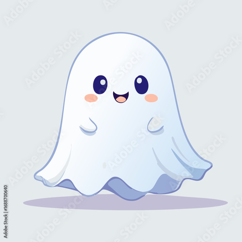 Cute cartoon ghost with big eyes and blush cheeks in kawaii style. Adorable Halloween character illustration with friendly expression, pastel colors, and playful vibe