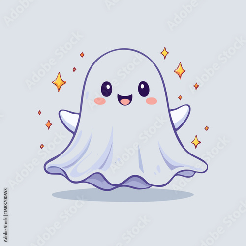 Cute cartoon ghost with big eyes and blush cheeks in kawaii style. Adorable Halloween character illustration with friendly expression, pastel colors, and playful vibe
