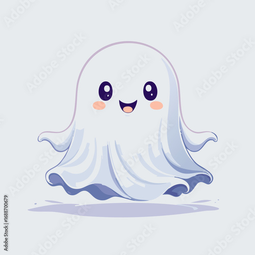 Cute cartoon ghost with big eyes and blush cheeks in kawaii style. Adorable Halloween character illustration with friendly expression, pastel colors, and playful vibe