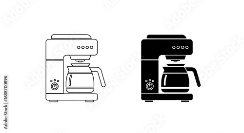 Two coffee maker icons, one in black and white outline, the other in solid black.