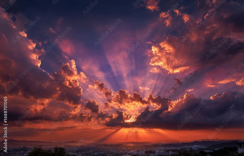 Fototapeta premium Dramatic sunset sky with sun rays piercing clouds over city