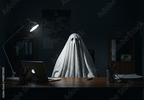 Ghostly Figure in a Dark Office Setting. Generative Ai